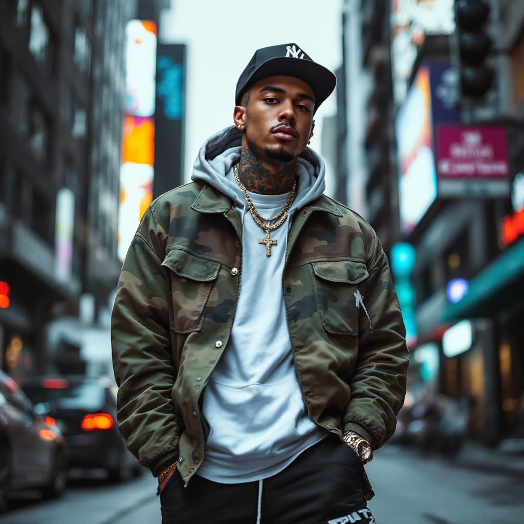 AI generated: Realistic image of a man in streetwear, urban fashion, hip-hop influence, modern city background.
