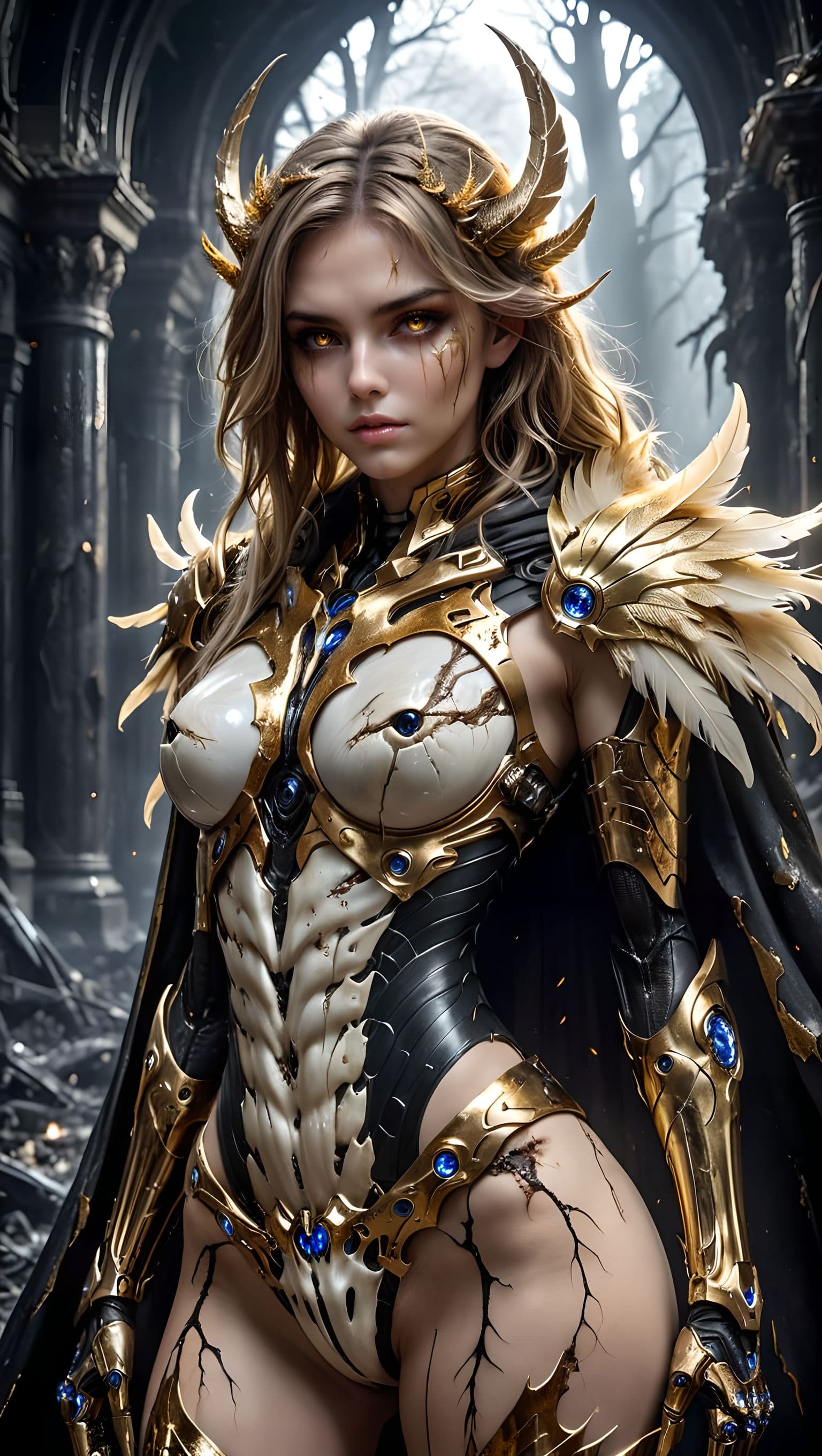 AI generated: Corrupted celestial warrior with monstrous mutation, golden feathered cape partially molted and rott...