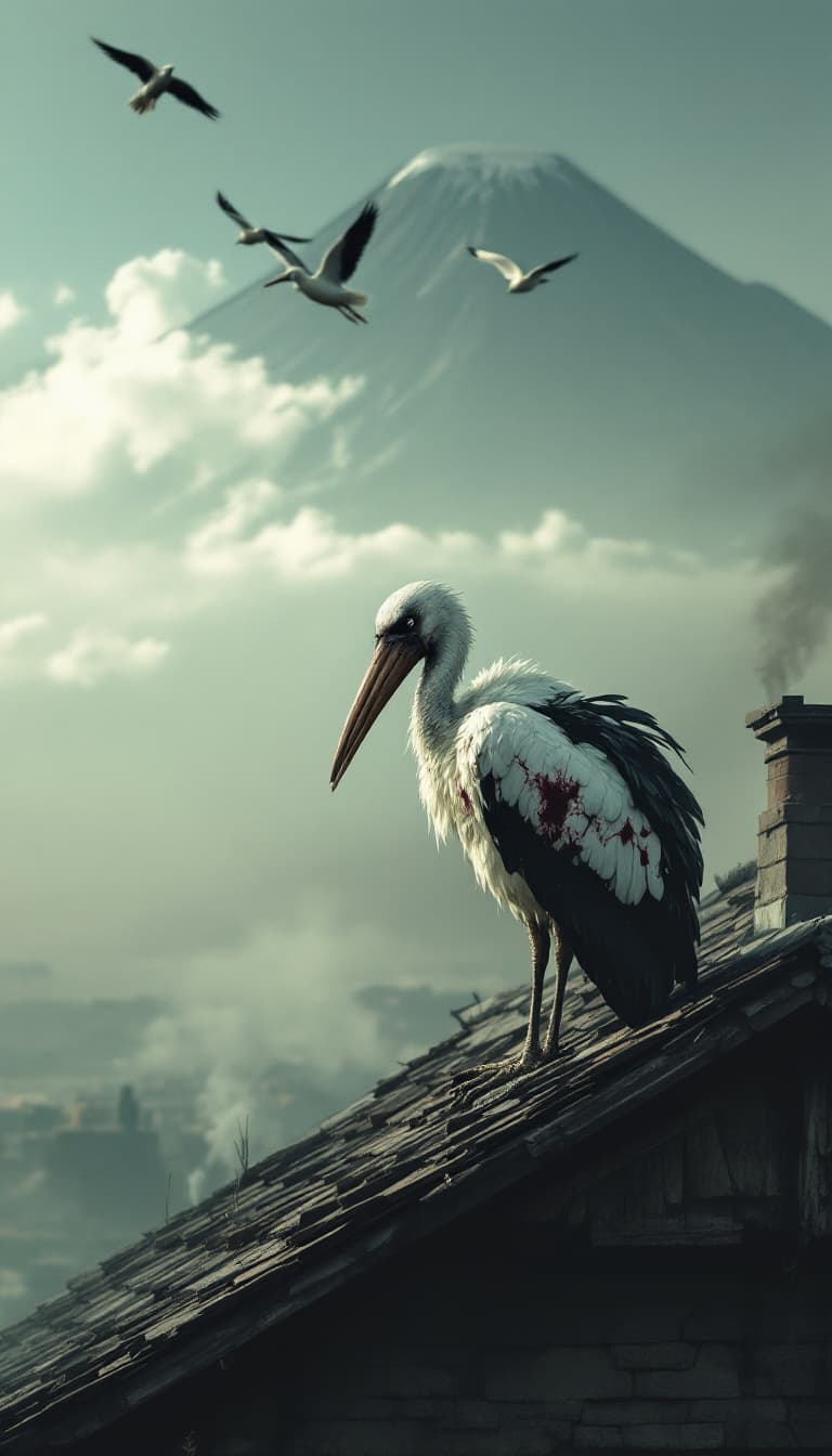 AI generated: A sad stork with its head lowered, its body wounded and bloody, sits on the roof of a house with a s...