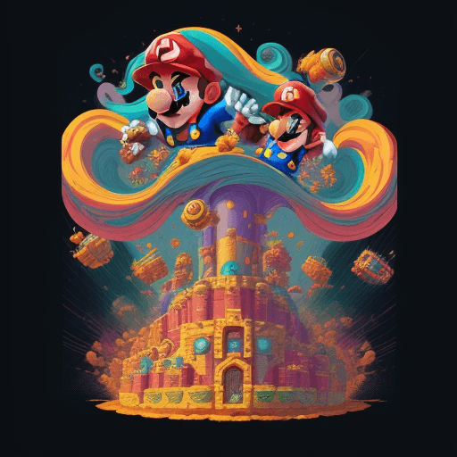 AI generated: Super Mario ,epic,swirls, bursting, vivid, 4k, professional quality, style of Dan Mumford and Petros...