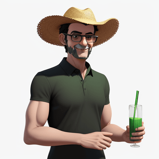 AI generated: A men, smilling,  without beard, whithout shadow, gray short hair, black glasses, straw hat,  wearin...