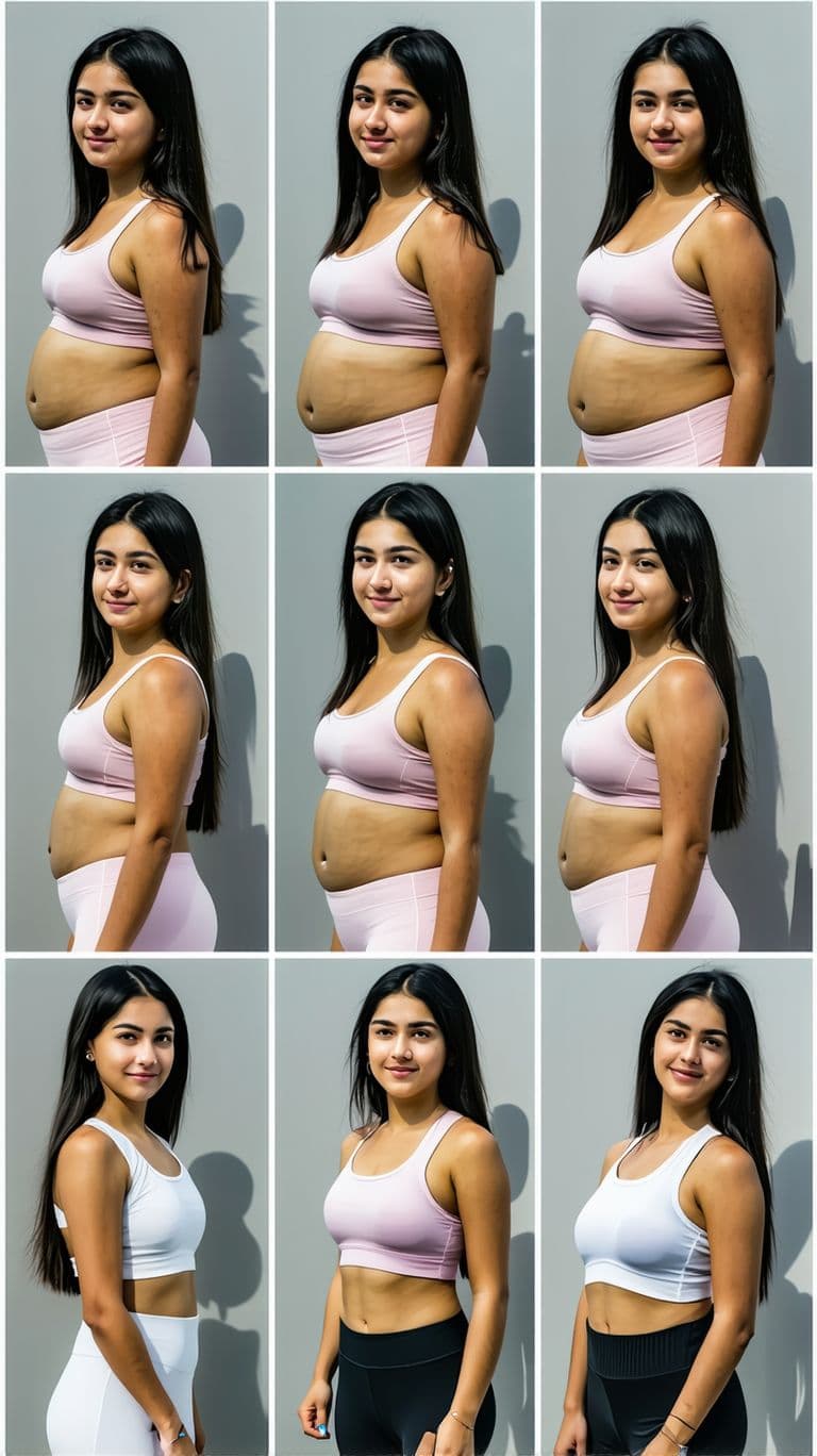 AI generated: 10 full body pictures, 18-year-old woman, progression picture fat to fit, black hair, light blue eye...