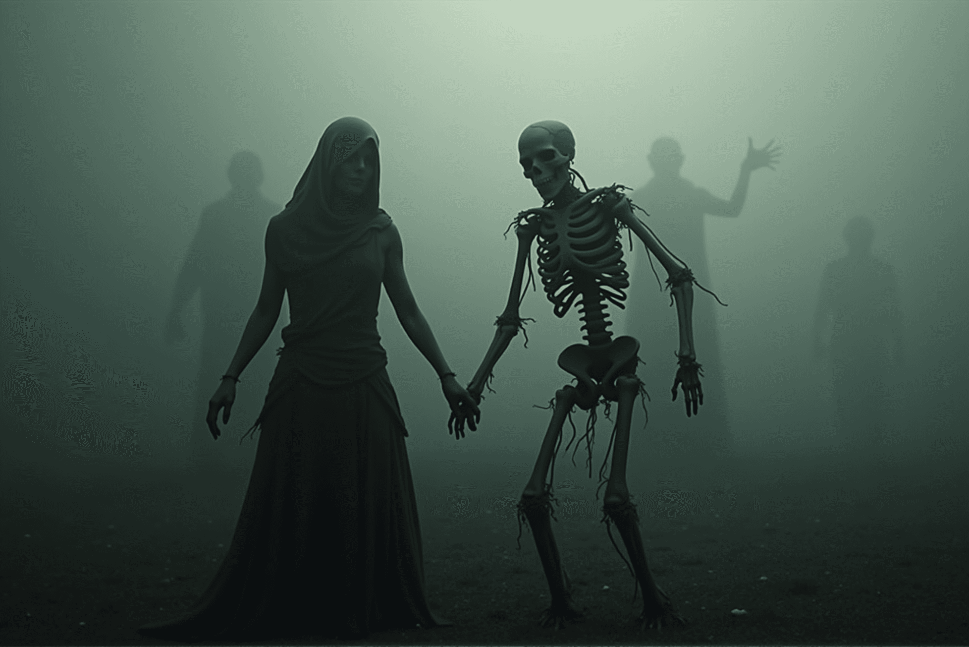AI generated: A danse macabre scene where Death dances with a skeleton that still wears tattered clothes and retai...