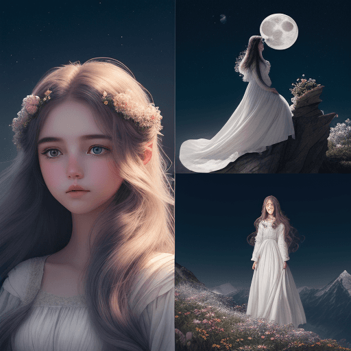 AI generated: High resolution photography OF GIRL STAND
  ON MOUNTAIN AND SEE THE MOON. AESTHETIC, DEEP THOUGHTS, ...