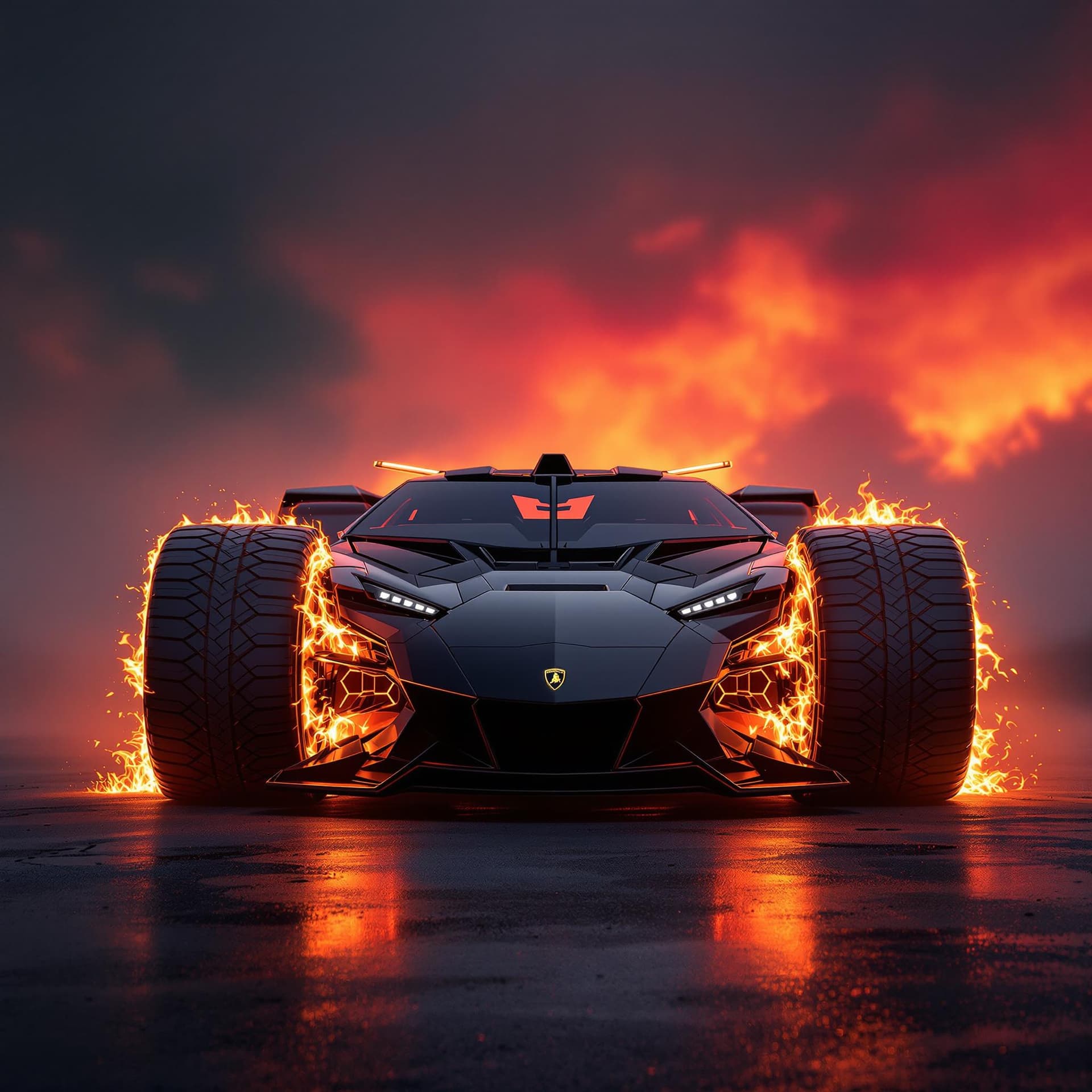 AI generated: front view of a shiny black futuristic lamborghini with huge rear tires bigger than the front and ha...