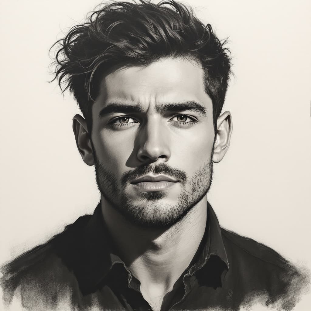 AI generated: Charcoal drawing, portrait of a guy, charismatic, from waist to top of the head