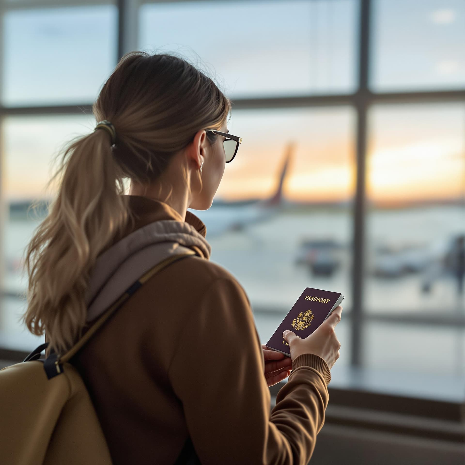 AI generated: Woman at the airport with her passport in hand getting ready to board an aircraft 