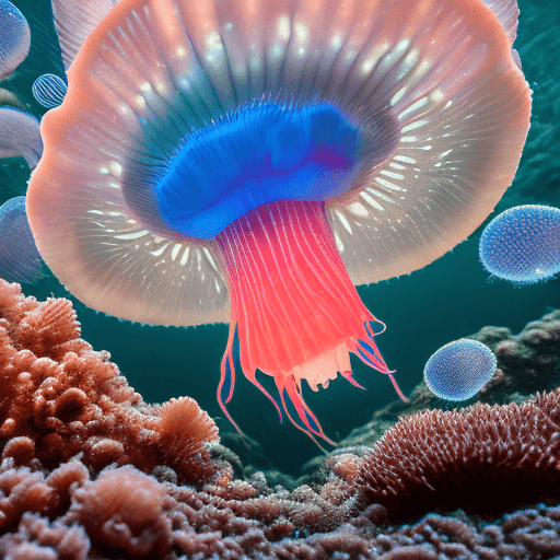 AI generated: Raw, masterpiece, perfectly centered, symmetrical, under water macro shot of a glowing jellyfish, co...