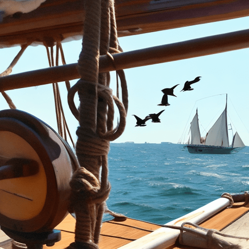 AI generated: on old wooden sailing ship, in the distance, with a sailor in the crows nest using a scope
