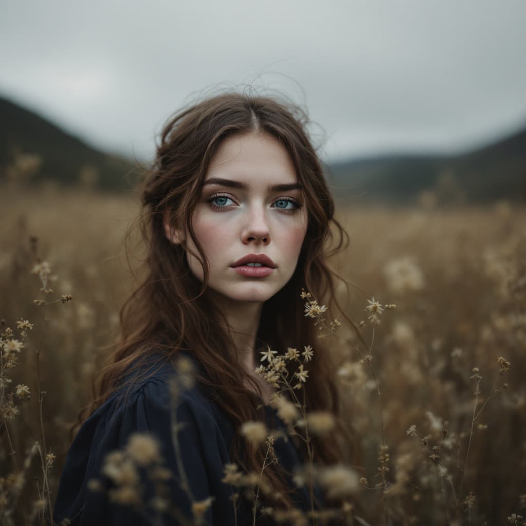 AI generated: the woman in the field is dressed for the camera, in the style of daria endresen, kris knight, scott...