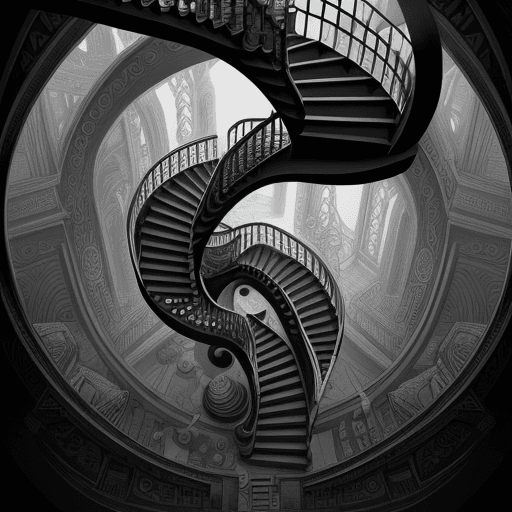 AI generated: An endless staircase in the style of M.C.Escher, black ink drawing, 8k, harmonious composition, flui...