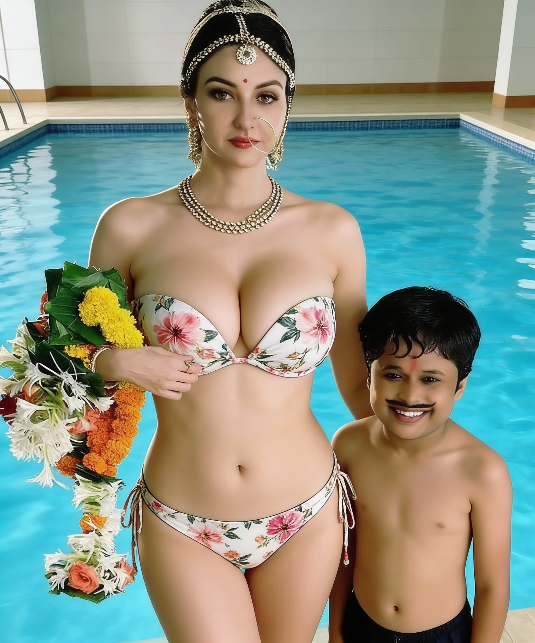 AI generated: The Women wearing a strapless floral print hot bikini bust size 36d and standing in swimming pool wi...