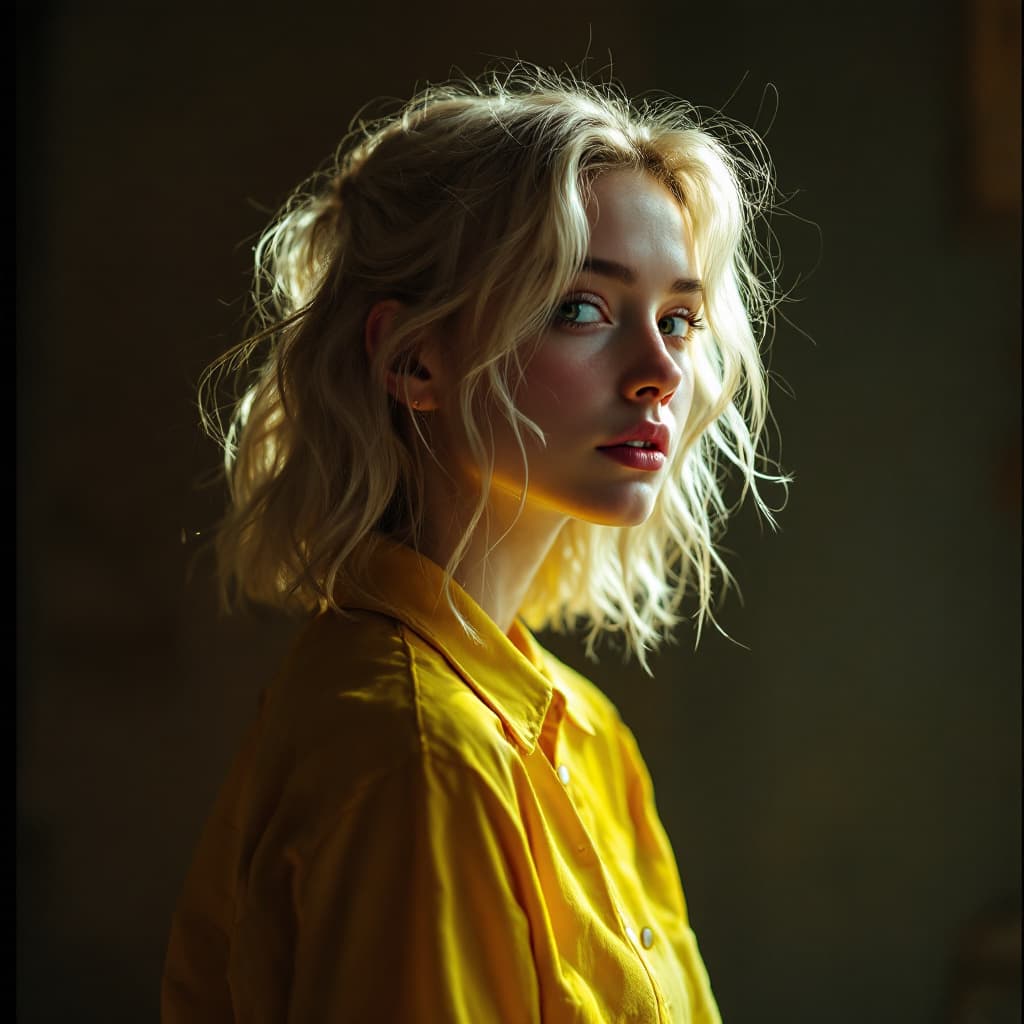 AI generated: blond girl in a yellow shirt is posing, soft, atmospheric lighting --chaos 33 --ar 1:2 --profile yru...