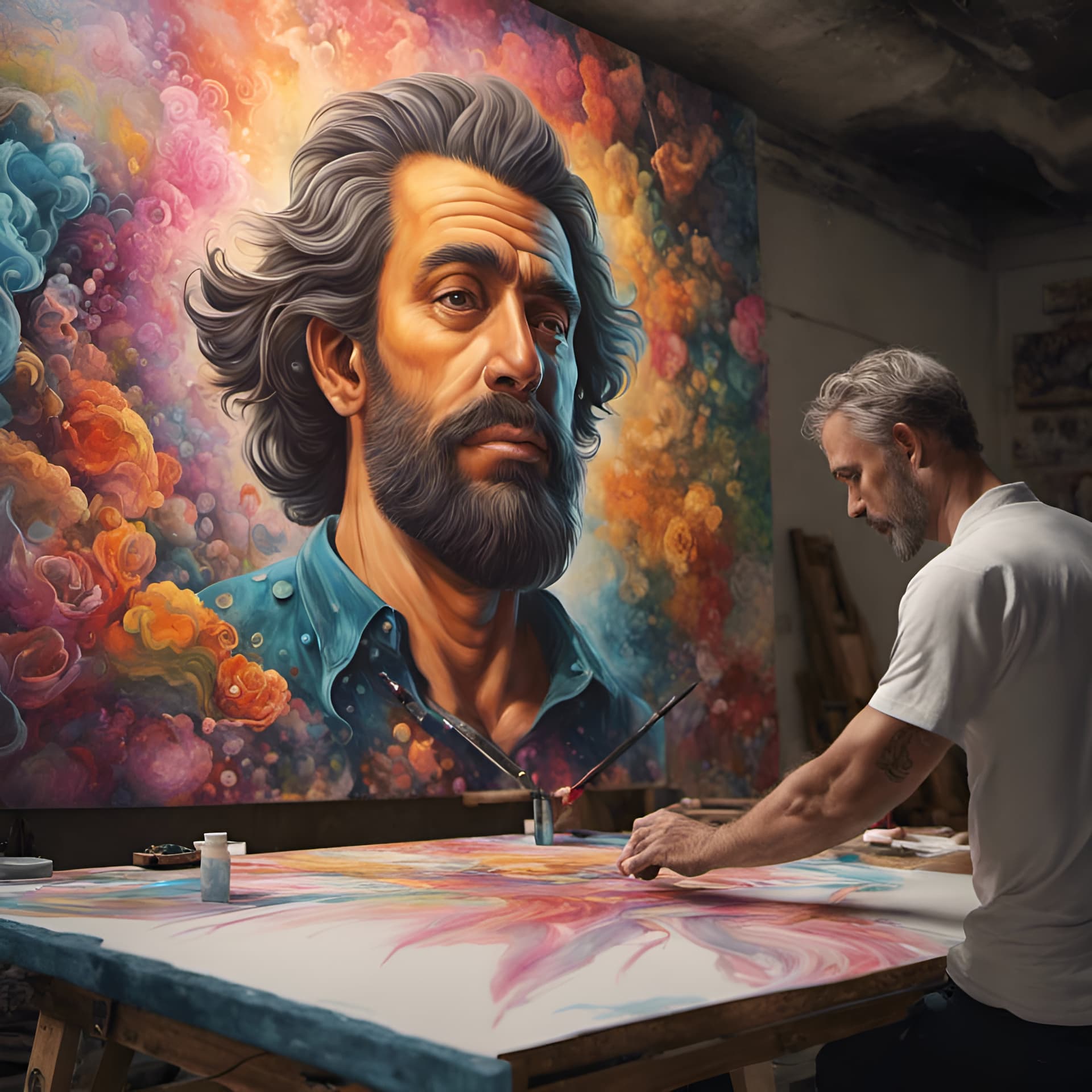 AI generated: A full wide view of a man creating murals on a drawing board, beautiful murals, full view of man cre...