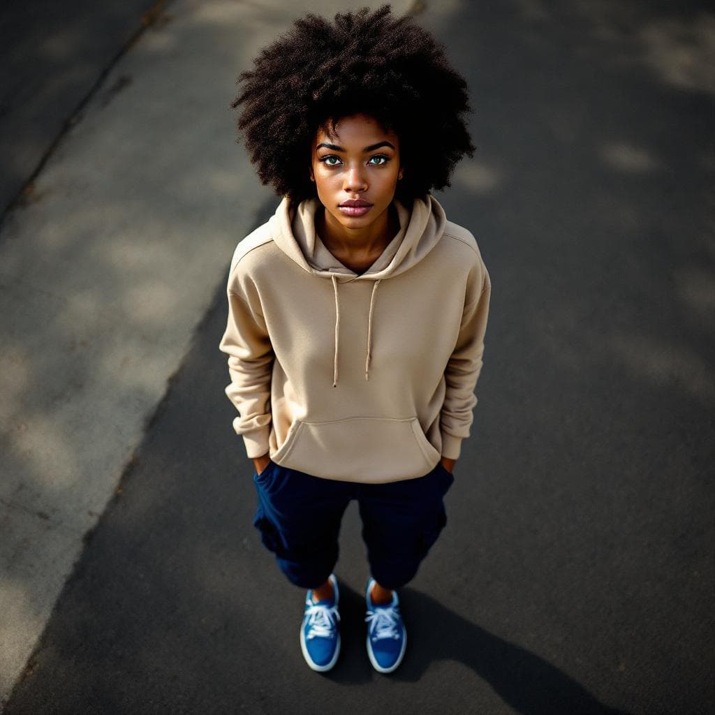 AI generated: photography, top view, full-body, afro-textured brunette female model with green eyes, neat afro hai...