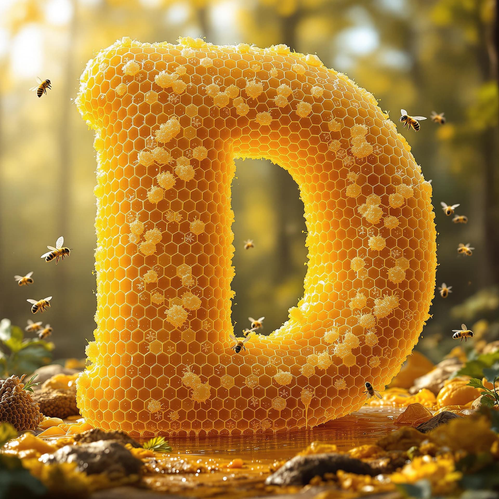 AI generated: A highly detailed D shaped from golden honeycomb structures, with crystallized dripping honey, buzzi...