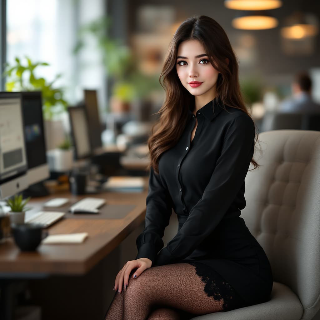 AI generated: A highly attractive anime  woman .  A pretty model wearing a black blouse with a black lace skirt an...