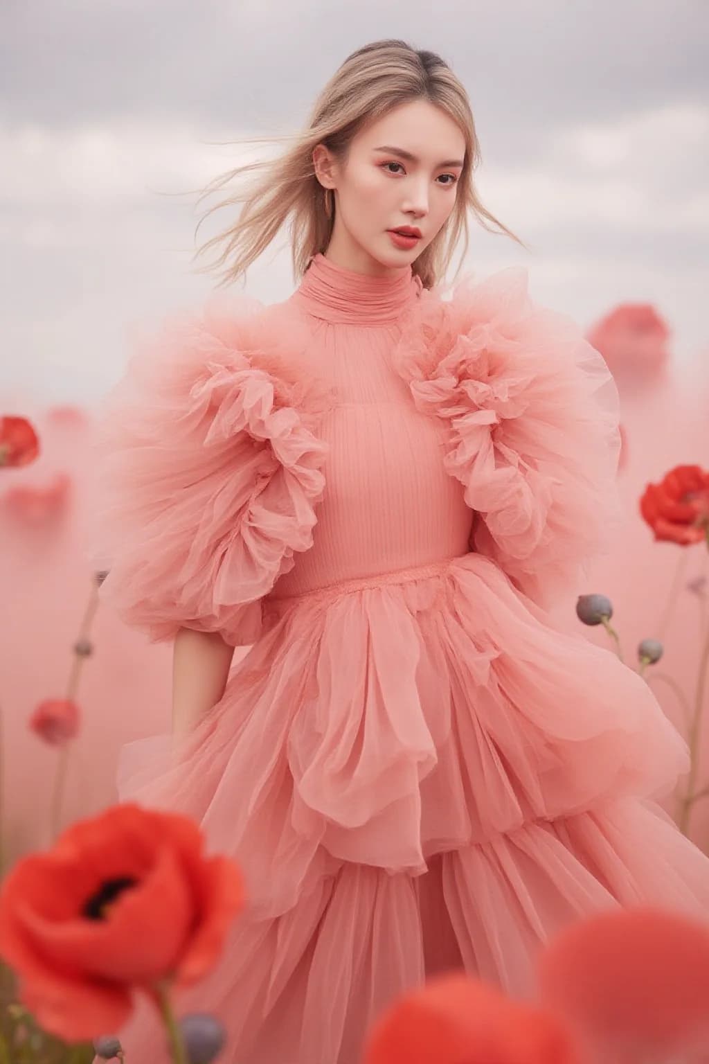 AI generated: A woman stands gracefully amidst a field of vibrant red poppies, her flowing blonde hair catching th...