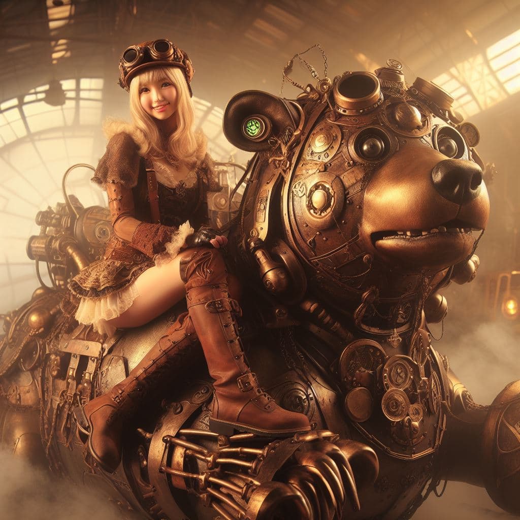 AI generated: steampunk princess on an artificial bear,all in very detailed steampunk style,photorealistic,dynamic...