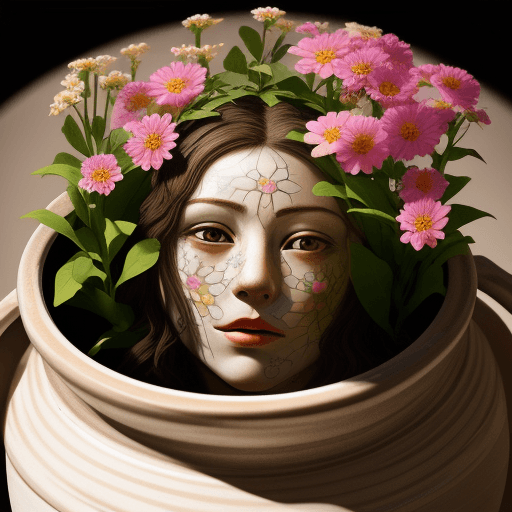 AI generated: flowers inside a ceramic pot in the shape of a (((half woman's face))),hyper detail,photo realistic