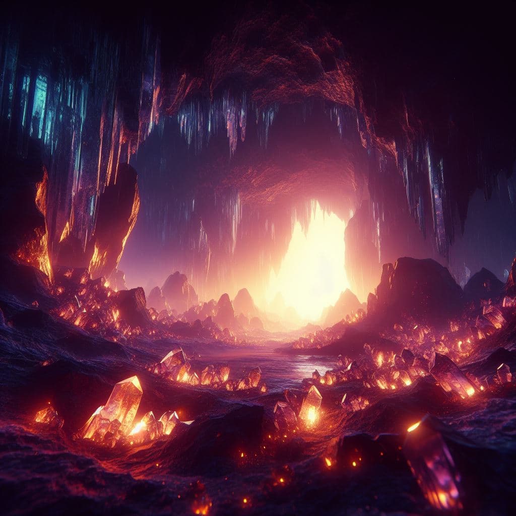 AI generated: A glowing crystal cave, volumetric lighting, f:1. 2, 4k