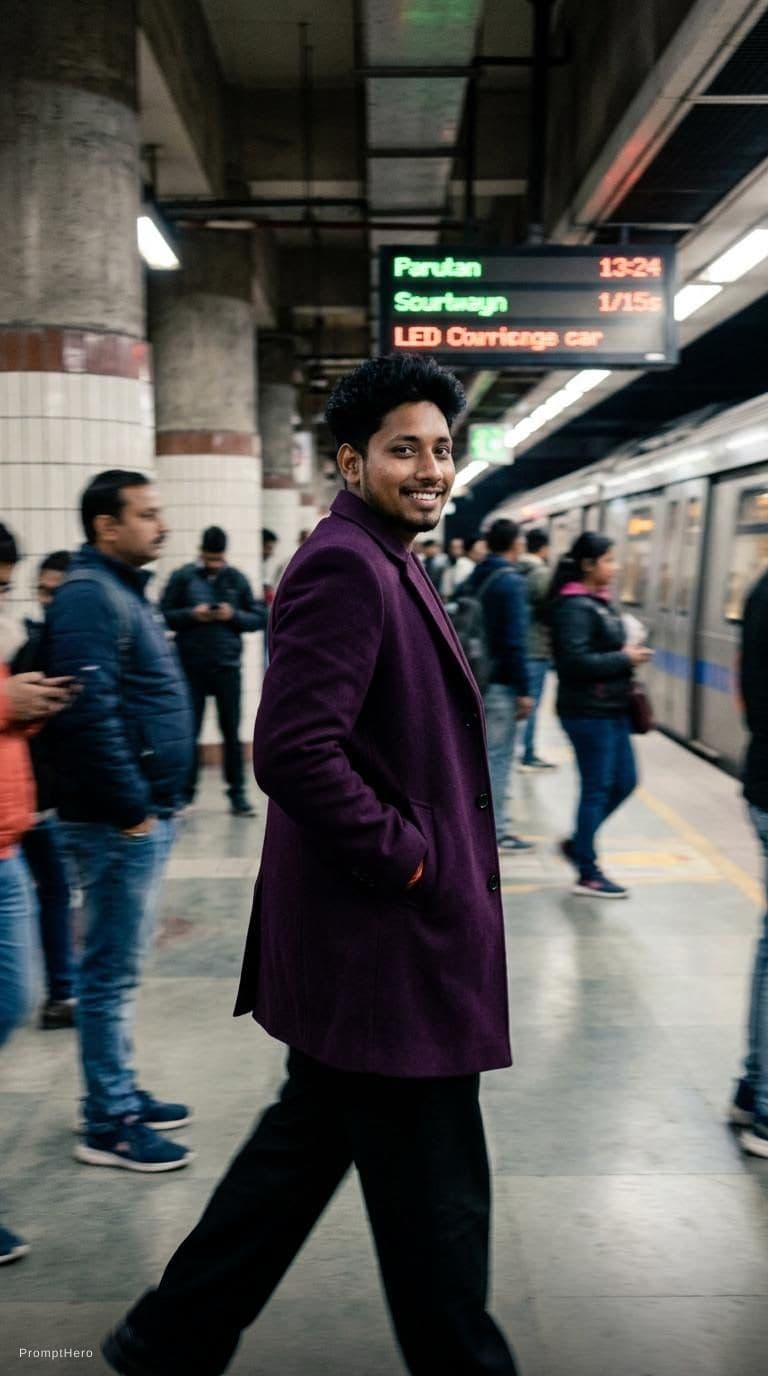 AI generated: fashion editorial photography, motion blur, male model, wearing an wool coat, deep purple color, wal...