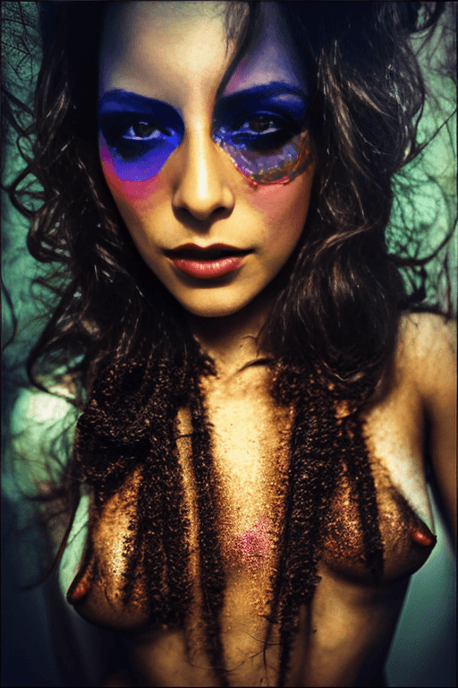AI generated: skin from chaos, dark atmosphere, dust explosion inside, 18mm lens F1.8 {big breasts:1}{overhead pho...