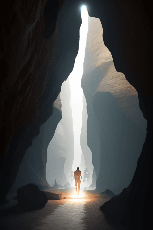 AI generated: a man hald naked walking barefoot to the end of narrow cave, torch line up in a way, shiny white tra...