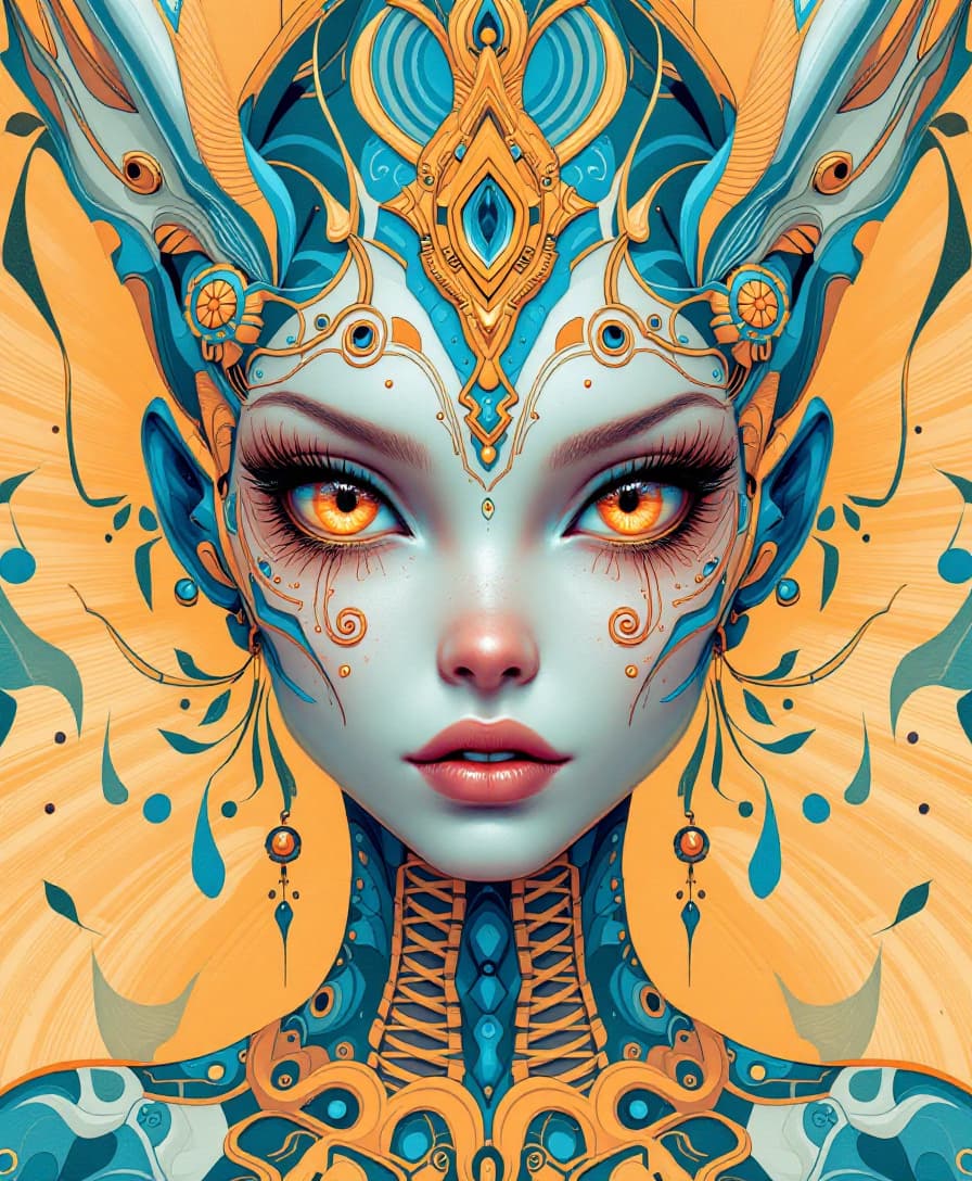 AI generated: alien art and illustration, in the style of balanced symmetry, light orange and cyan, detailed facia...