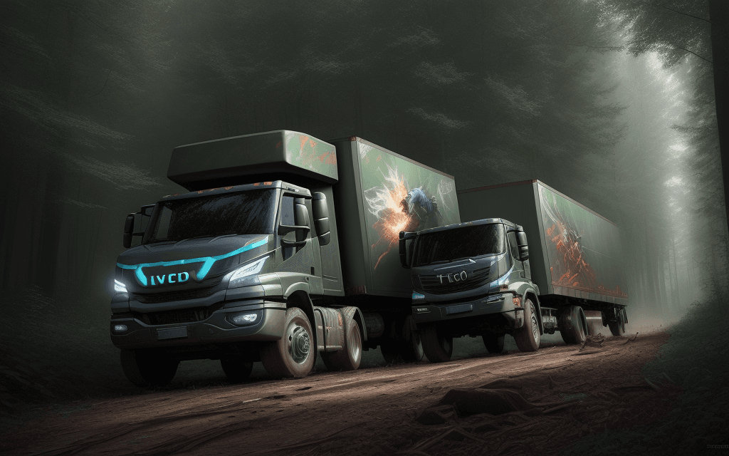 AI generated: a truck Iveco tector attack euro 5 in the woods, digital art by ruan jia and mandy jurgens and artge...