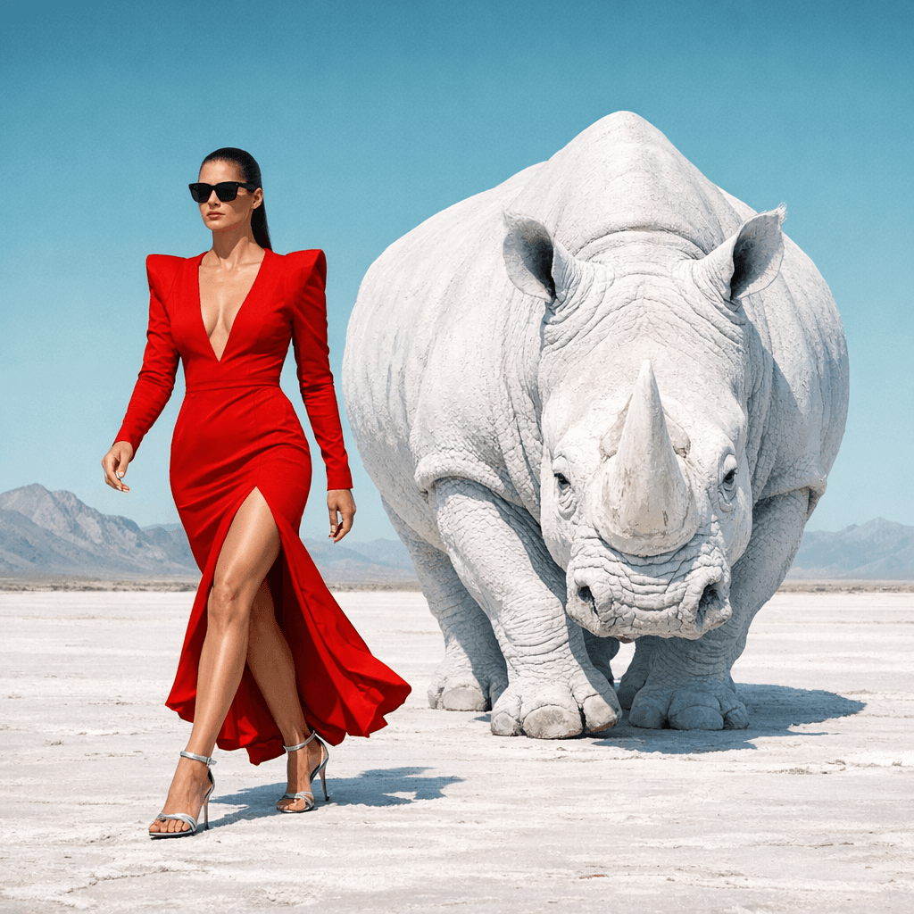 AI generated: {
  "scene": {
    "type": "editorial fashion surrealism",
    "location": "barren white desert w...