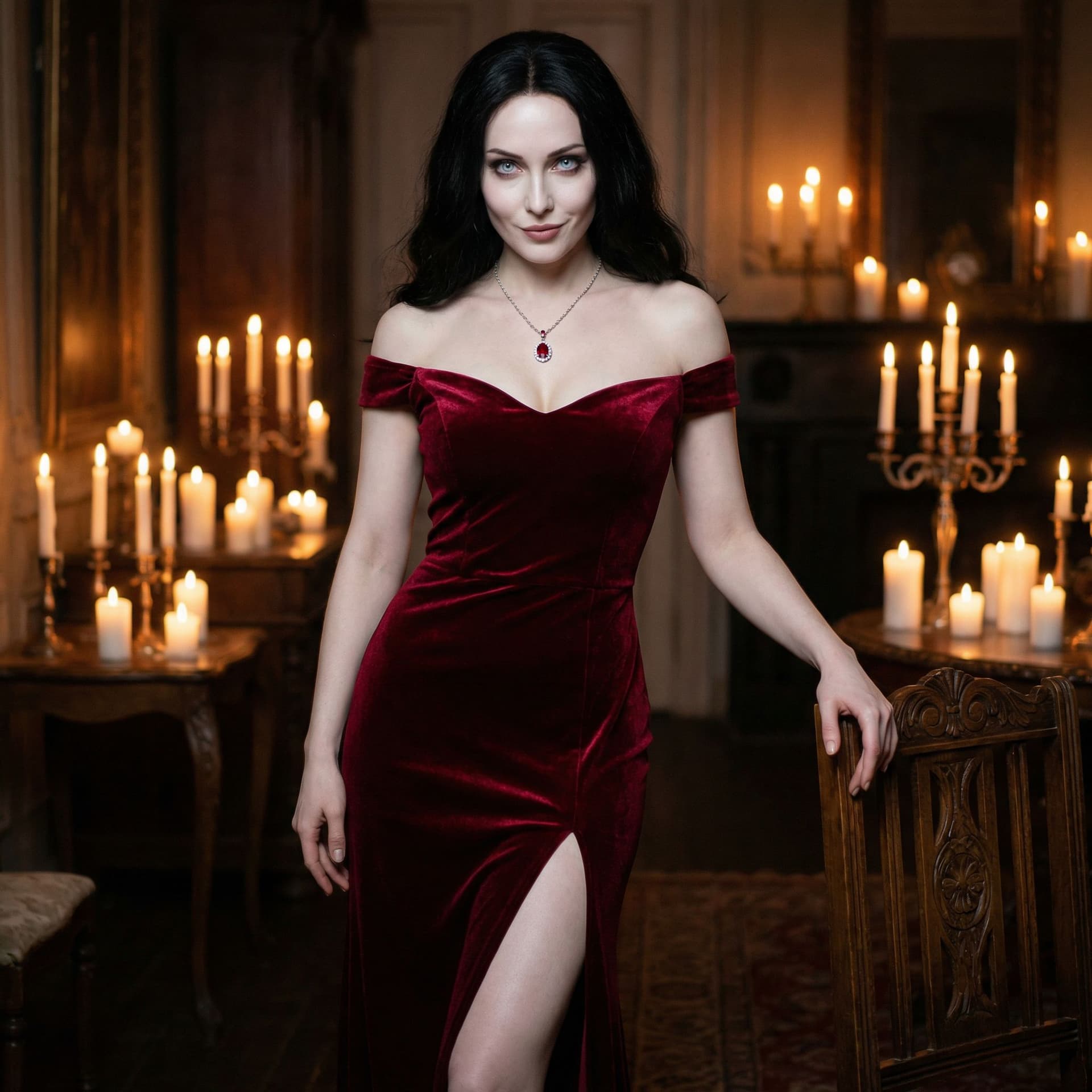 AI generated: A hyper‑realistic full‑body portrait of a breathtakingly beautiful female vampire in elegant human f...