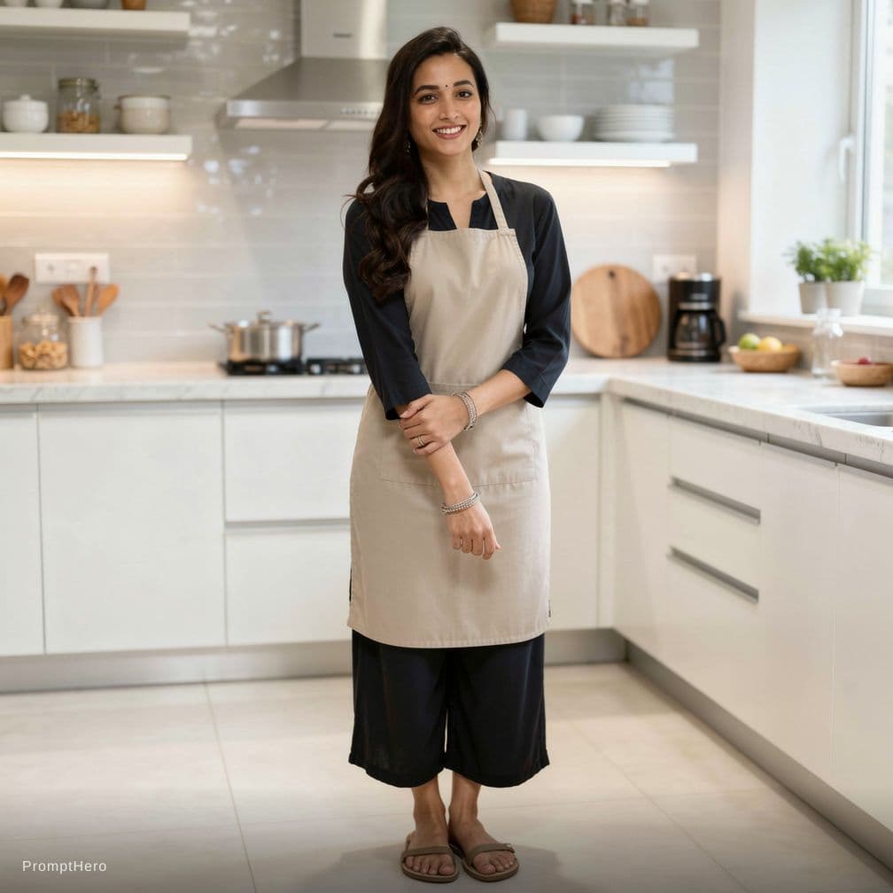 AI generated: A woman in a modern kitchen wearing only a sexy apron and sexy flat sandals