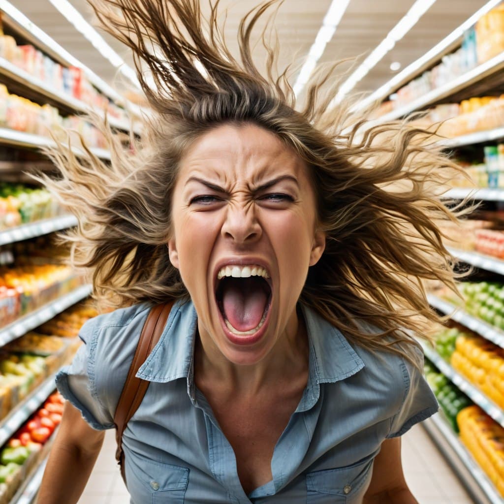 AI generated: (charge:1.2), action packed, a lady with disheveled hair, screaming, drool flying from her mouth in ...