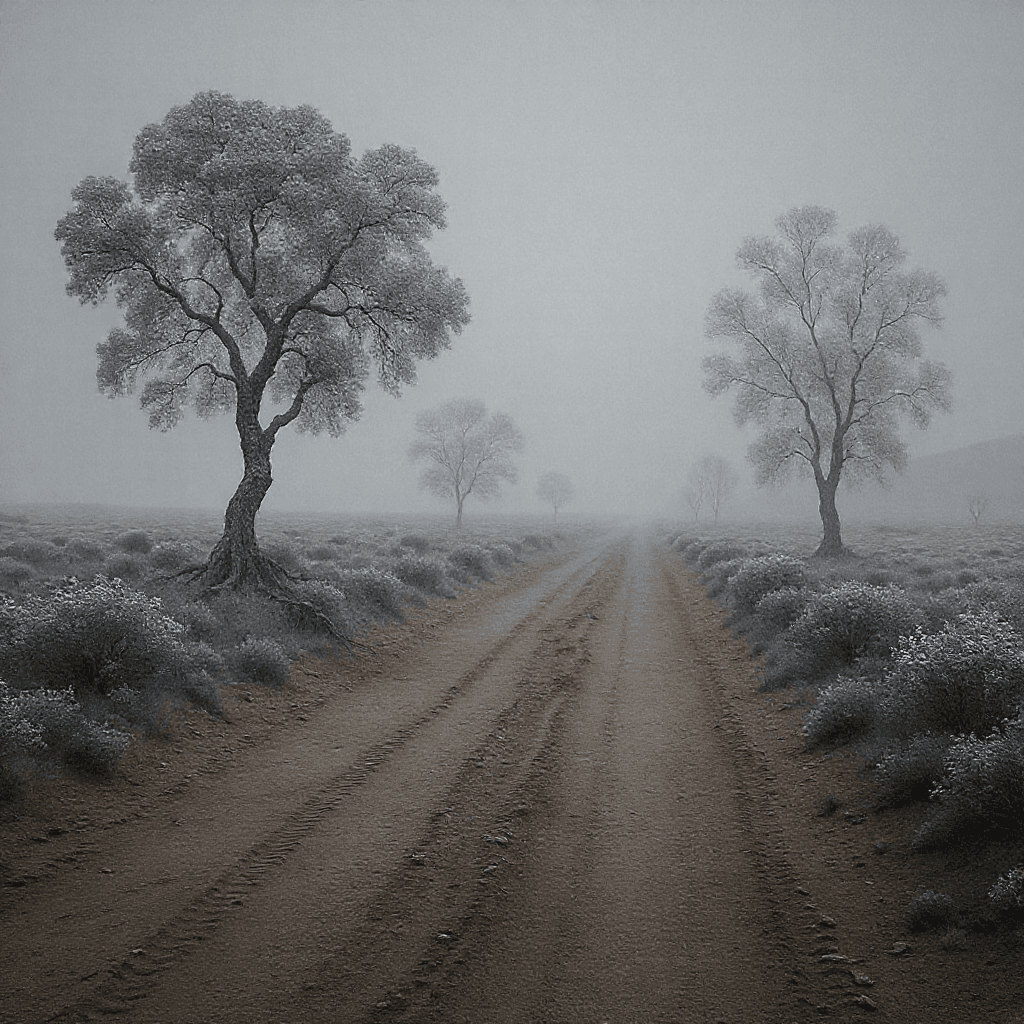 AI generated: Camino desierto con señales rotas y niebla.