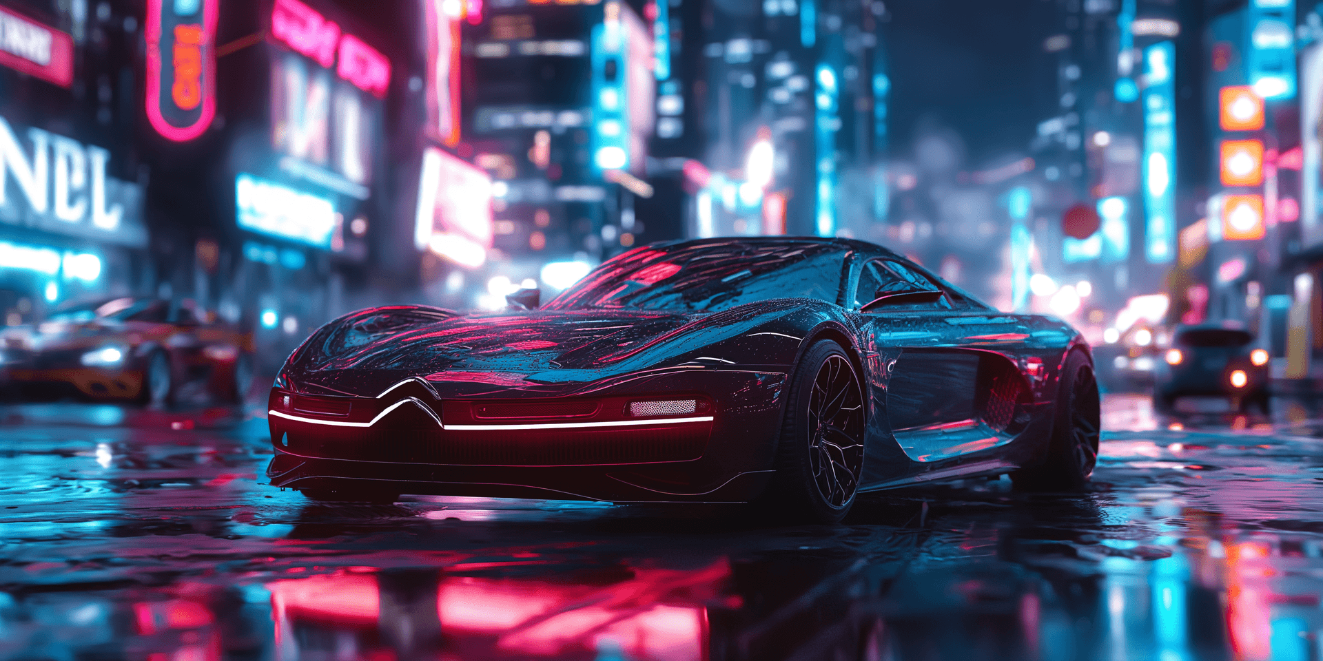 AI generated: citroen sm in a neon city at night, blade runner style, shot with a sony mirrorless, 35mm, photograp...