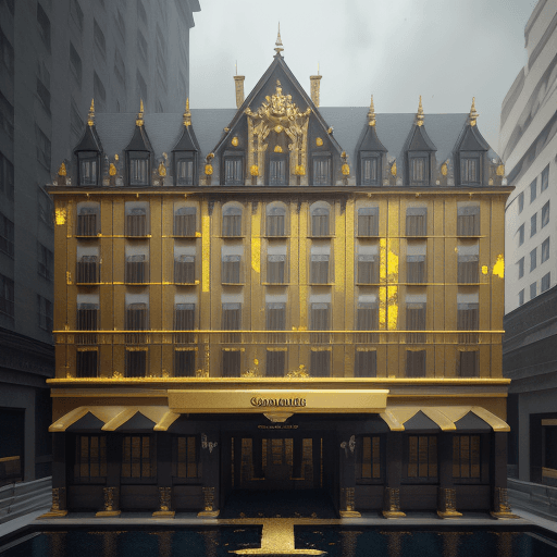 AI generated: Hotel building splashed with gold liquid, octane render, trending on artstation,t symmetrical artwor...