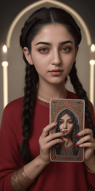 AI generated: middle eastern tarot reader, (gelled hair) , (wearing a red shirt:1.4) , symmetrical eyes, (aegyo sa...