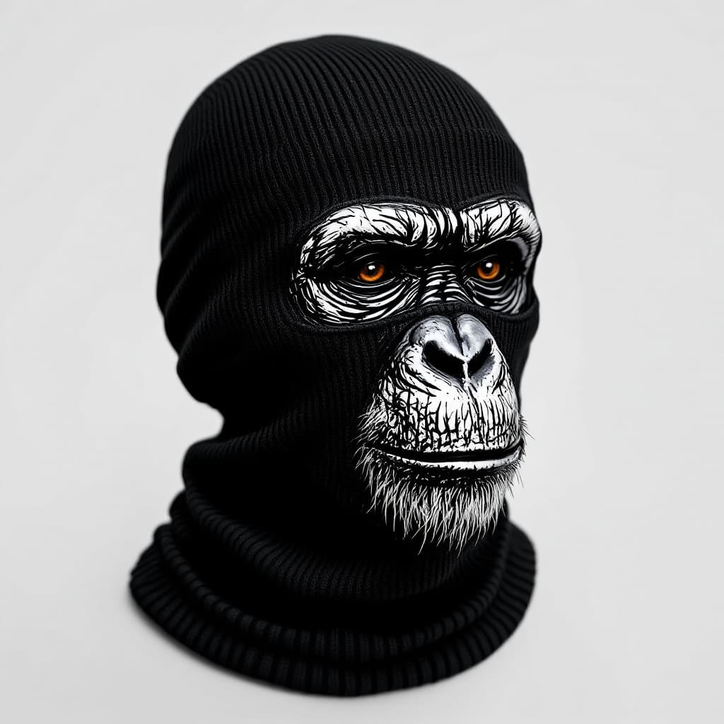 AI generated: a black ribbed knit baklava 3-holes skimask painted with a flat inked chimpanzee face illustration o...