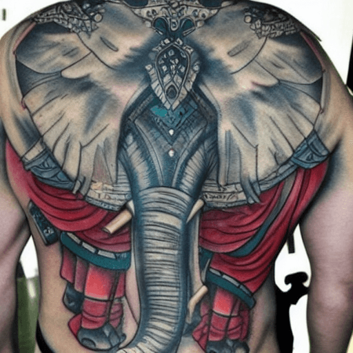 AI generated: TATTOO COLORED ON THE BACK, ELEPHANT, ARMOR, PERSIA, MONEY, LUCK,