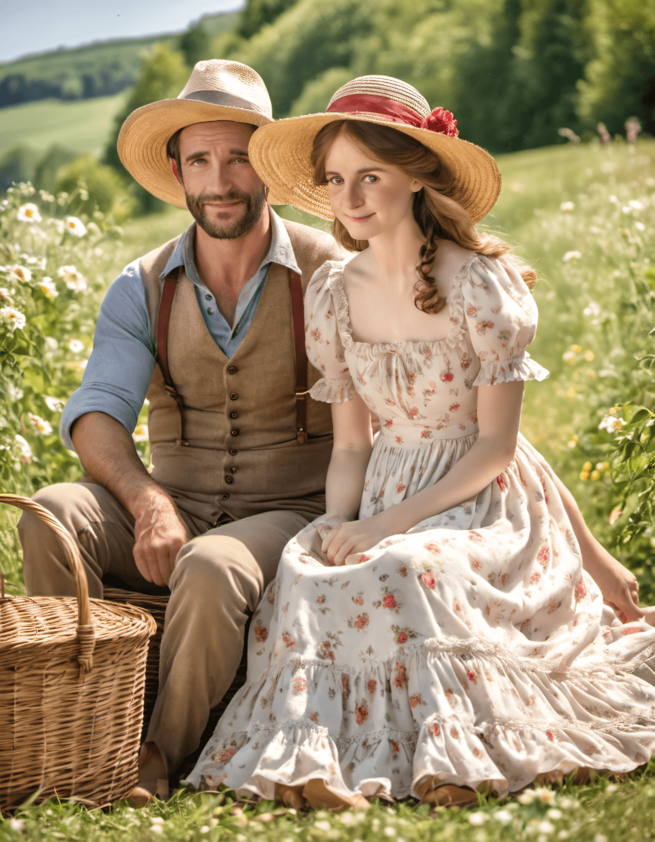 AI generated: Masterpiece, Best Quality, Whimsical cottagecore fashion , a rugged man , Floral dresses, straw hats...