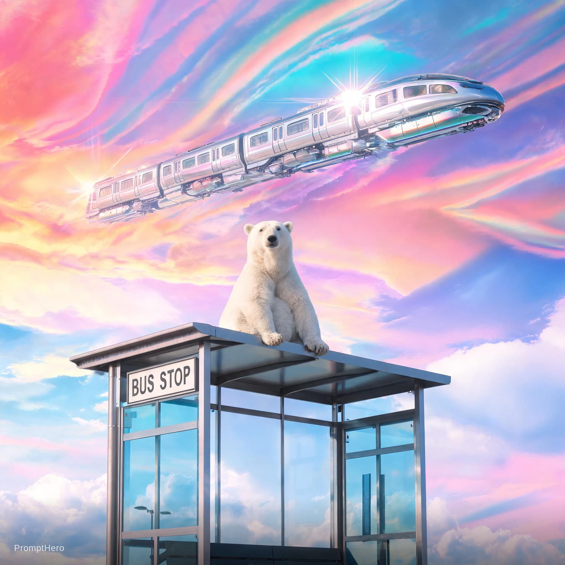 AI generated: A polar bear on the roof of a bus shelter. A flying train above reflexing sun rays . And the sky lik...