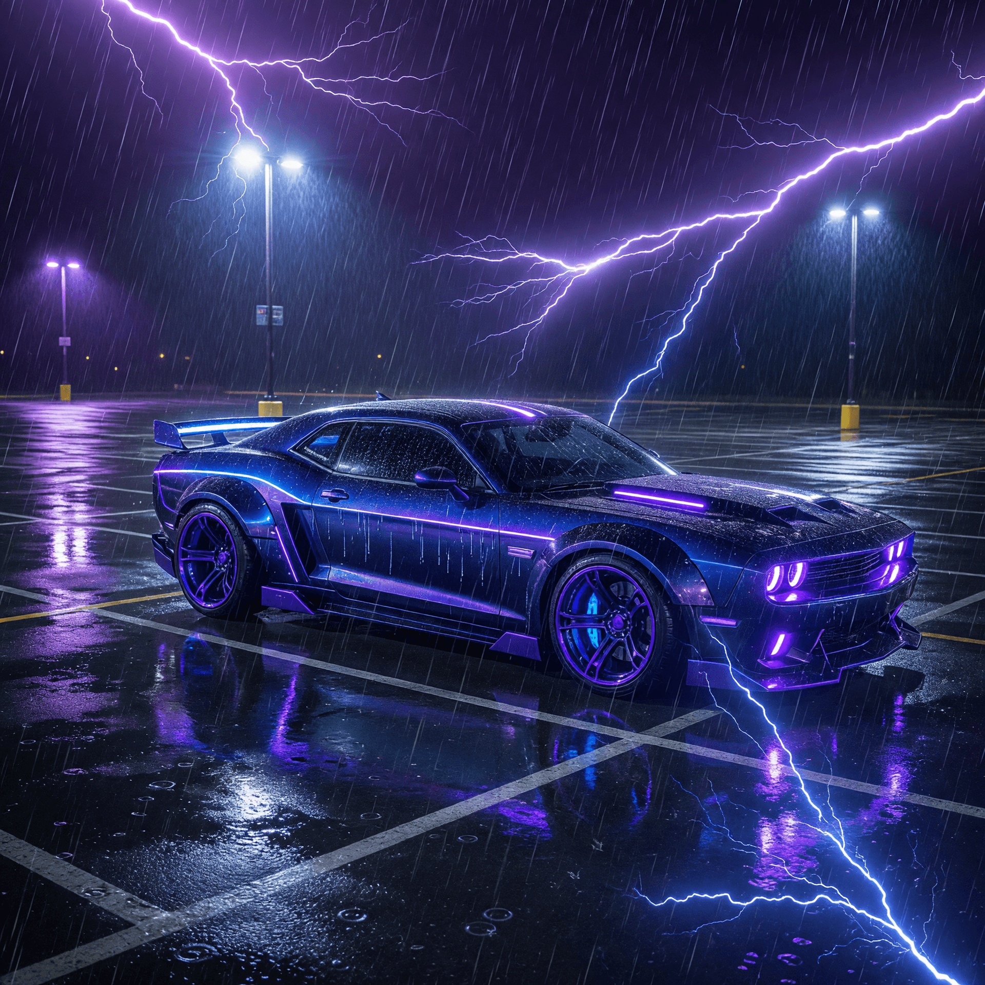 AI generated: Very futuristic muscle car in an empty parking lot at night, it is raining and the lightning is mult...