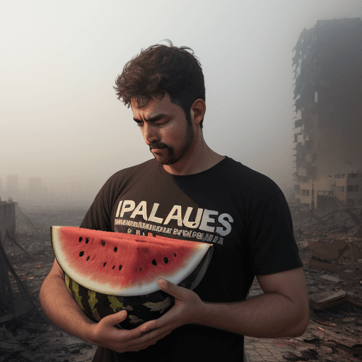 AI generated: man, sad, a man hugs a watermelon, against the backdrop of a destroyed city, writing on the shirt (:...