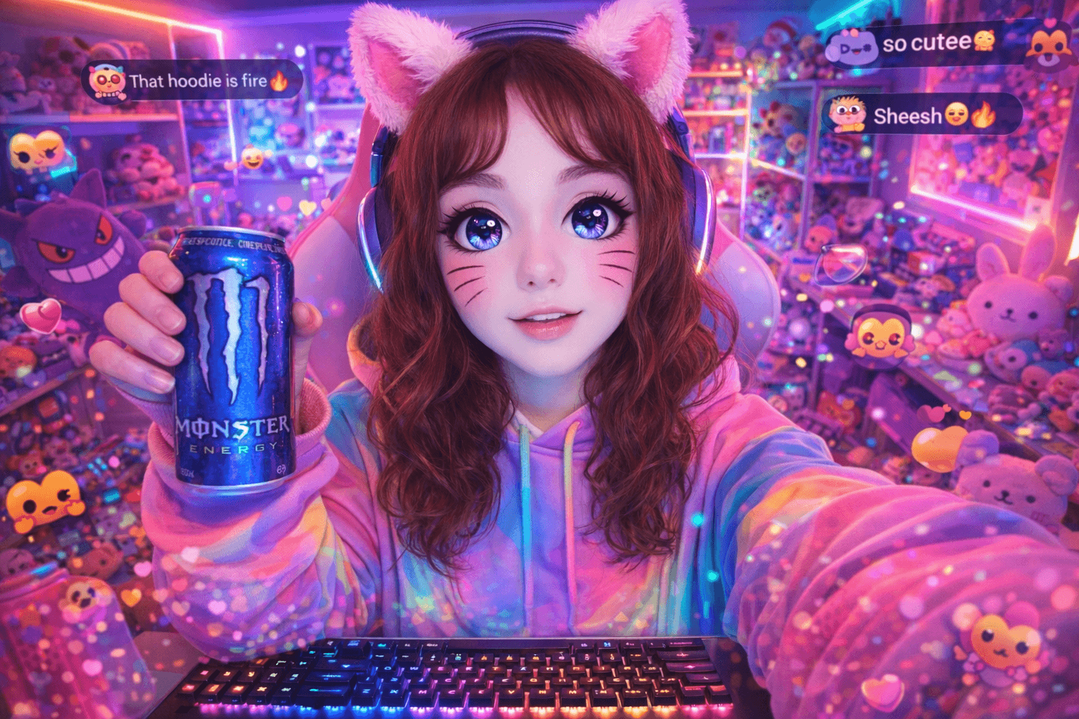 AI generated: Format: 9:16 (vertical stream) Vibe: Cosplay x TikTok Gamer Aesthetic Output: Vibrant,LED-lit stream...