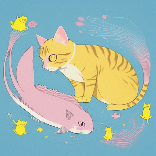 AI generated: A unique and visually descriptive prompt that combines the elements of a yellow cat with a pink bow ...
