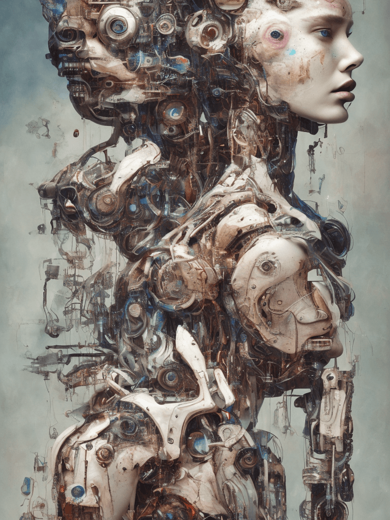 AI generated: Mixed media artwork + Emotional cyborg girl + Elegant dress + Skin lesions as a storytelling element...
