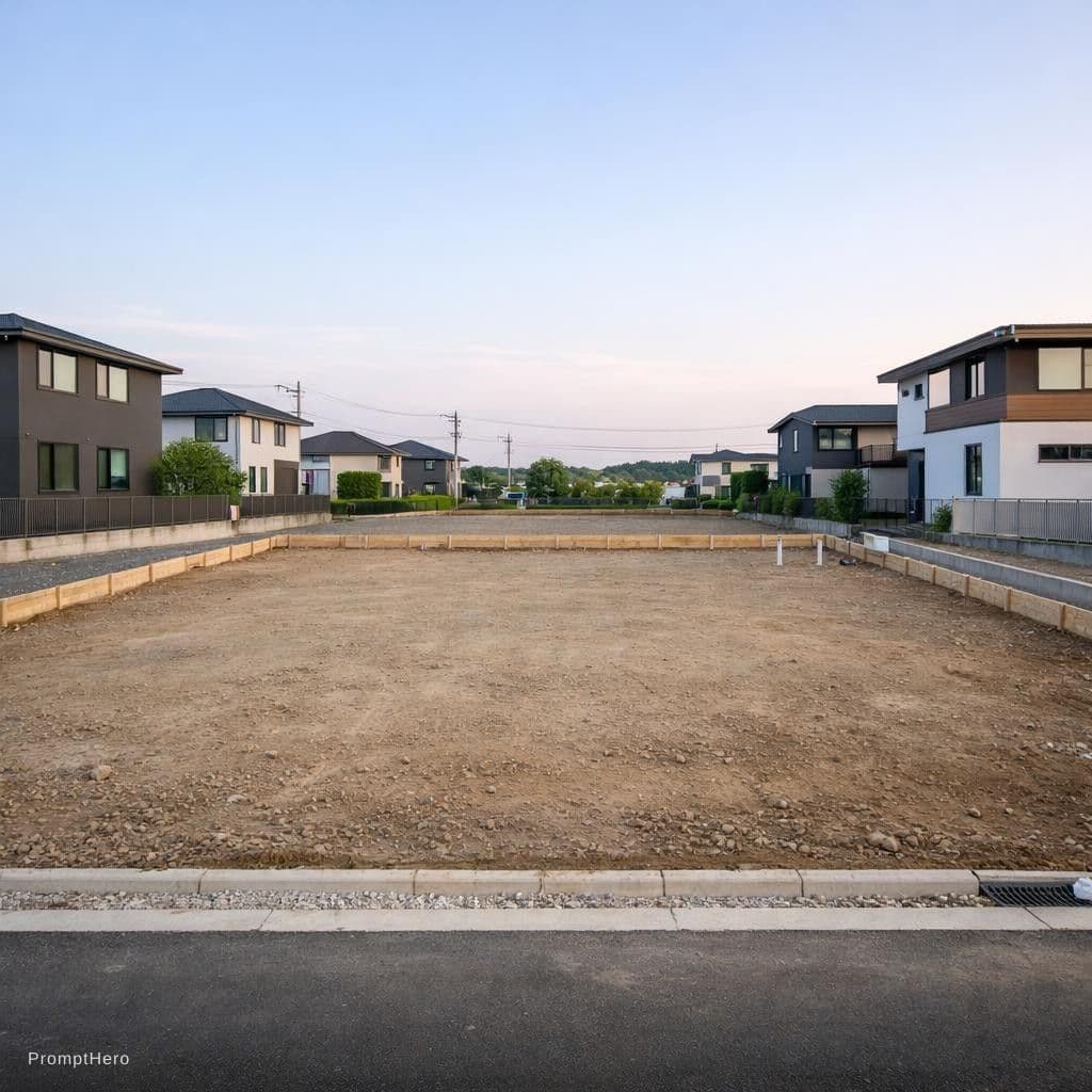 AI generated: An empty residential land plot prepared for construction, flat ground, minimal surroundings, modern ...