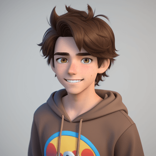 AI generated: Create a 3D Disney/Pixar-style character of a teen boy with medium-length, messy brown hair. He is w...