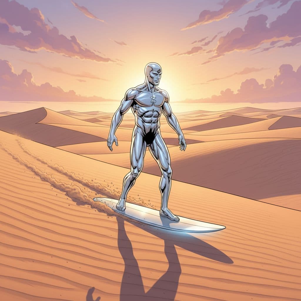 AI generated: Silver Surfer, 5D UHD Cinematic, sharp focus, rendering, soft lighting, balanced detailed comic book...